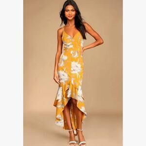 Lulu’s Darling Daylily Mustard Yellow Floral Print High-Low Maxi Dress M